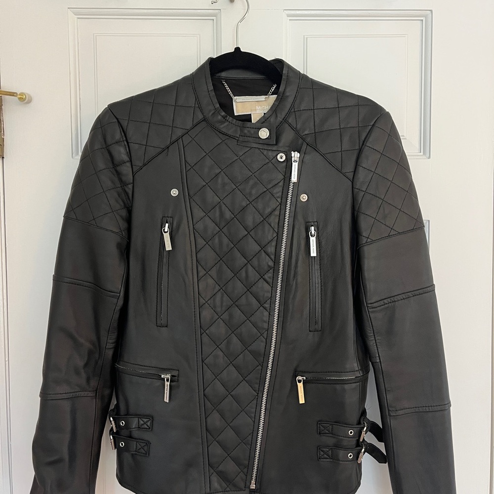 Michael Kors Black Quilted Leather Jacket with Chain Nameplate